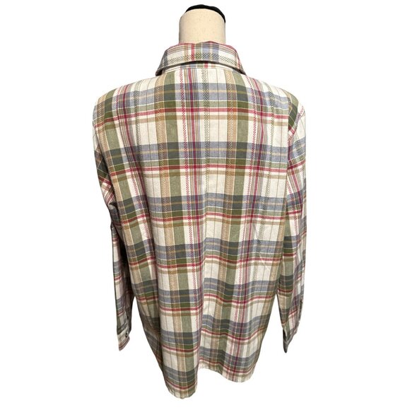 Alfred Dunner Plaid Shirt Flannel Shacket Cream Green Roll Tab Sleeves Size 14 - Picture 3 of 5